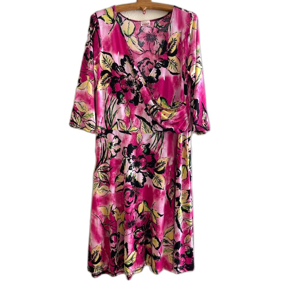Vintage 1980 "Sunny" Pink Floral Stretch Fit & Flare Midi Dress USA MADE SIZE 14